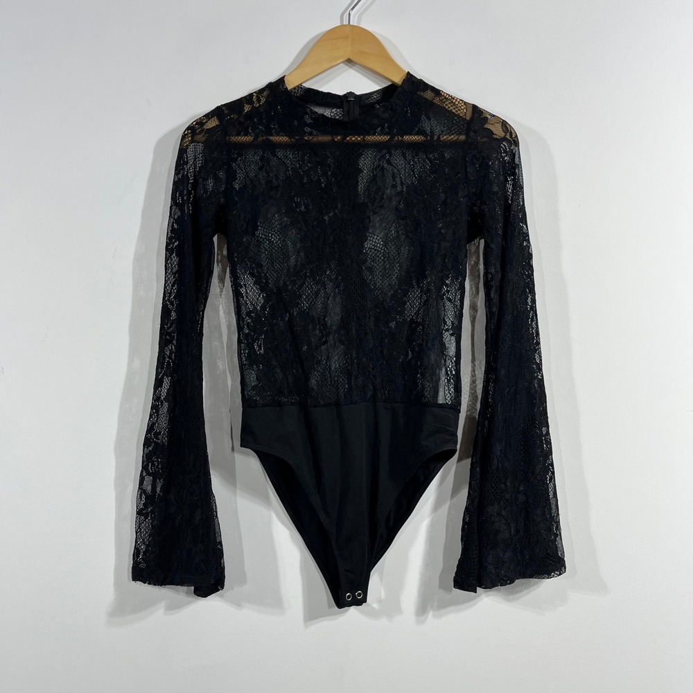 Good American Fairy Grunge Lace Bell Sleeve Witchy Boho Bodysuit Women Small 70s